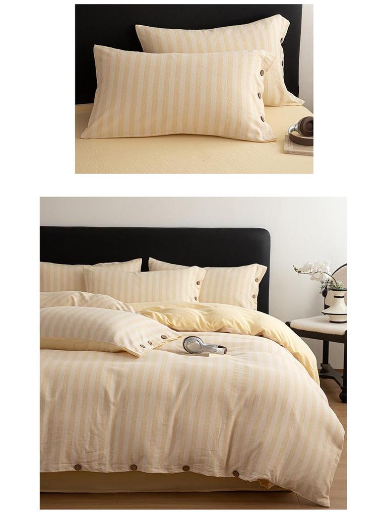 Spring/Summer Premium Cotton and Linen Four-piece Set with Buttoned Duvet Cover in Simple Stripes/Checks