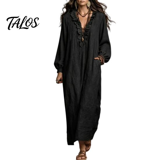 Dames lentejurken Ruches V-hals Lange jurk, Losse pasvorm Casual Midi Effen kleur Jurk Mouwen voor Herfst Vloeiend