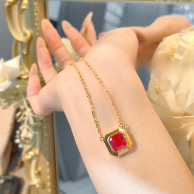 Medieval Style Pigeon Blood Red Corundum Necklace Retro Simple Style High Carbon Diamond Pendant