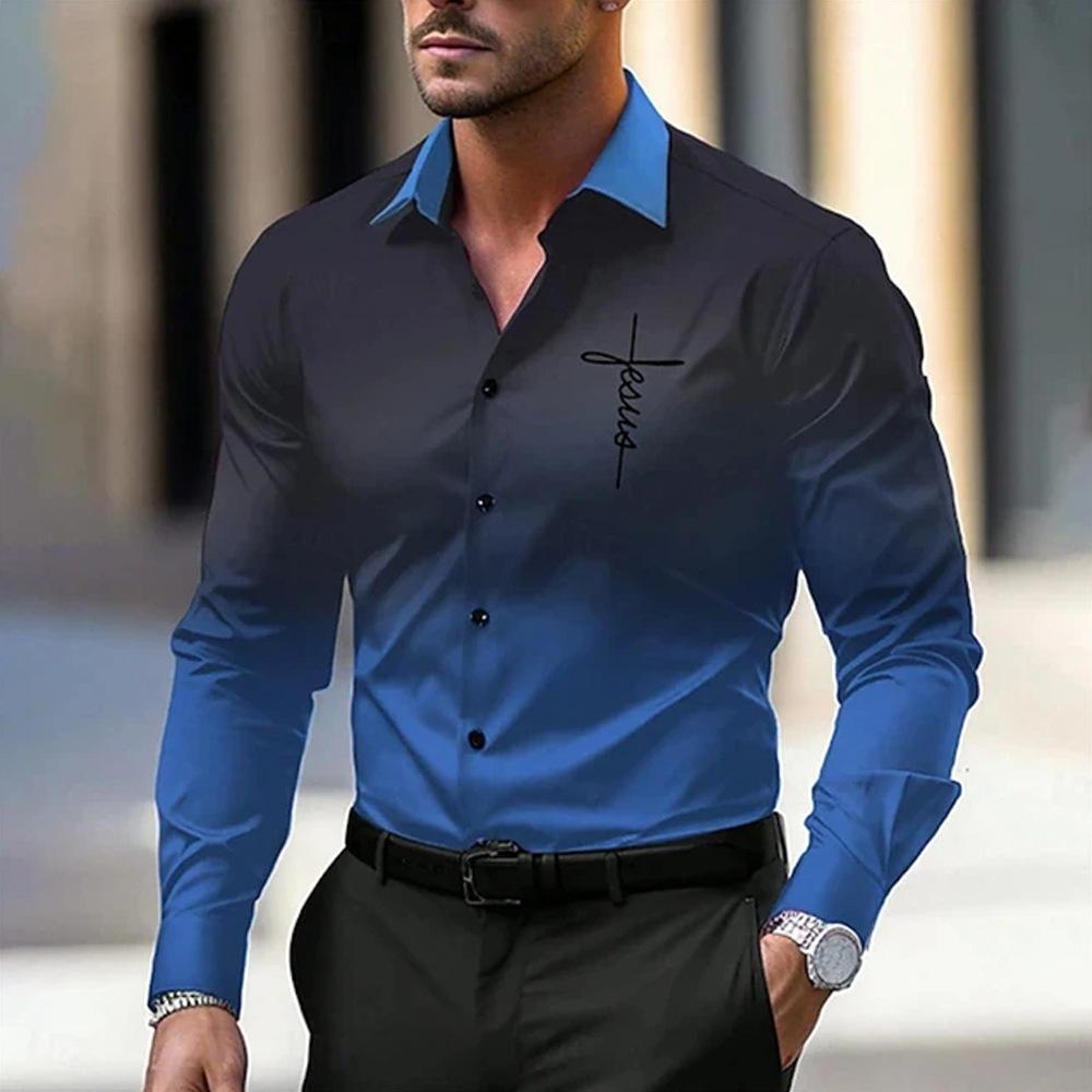 Button-Up Long-Sleeve Shirt with Jesus Cross Print, Great for All Occasions