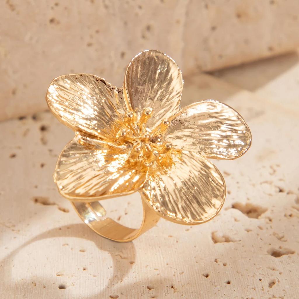 SHIXIN Creative Design Gold Color Large Flower Open Ring for Women Exaggerated Geometric Chunky Adjustable Ring New Year Jewelry