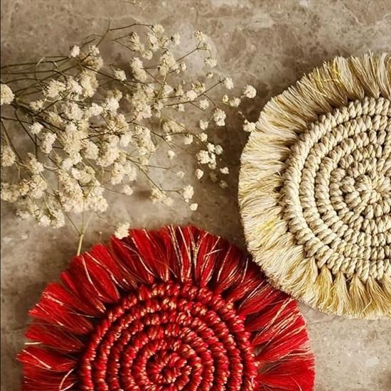 Christmas Theme Macrame Round Set of 4 Coasters Bohemian Style, Handmade for Tea Cups, Coffee Mugs, Beer Glasses,