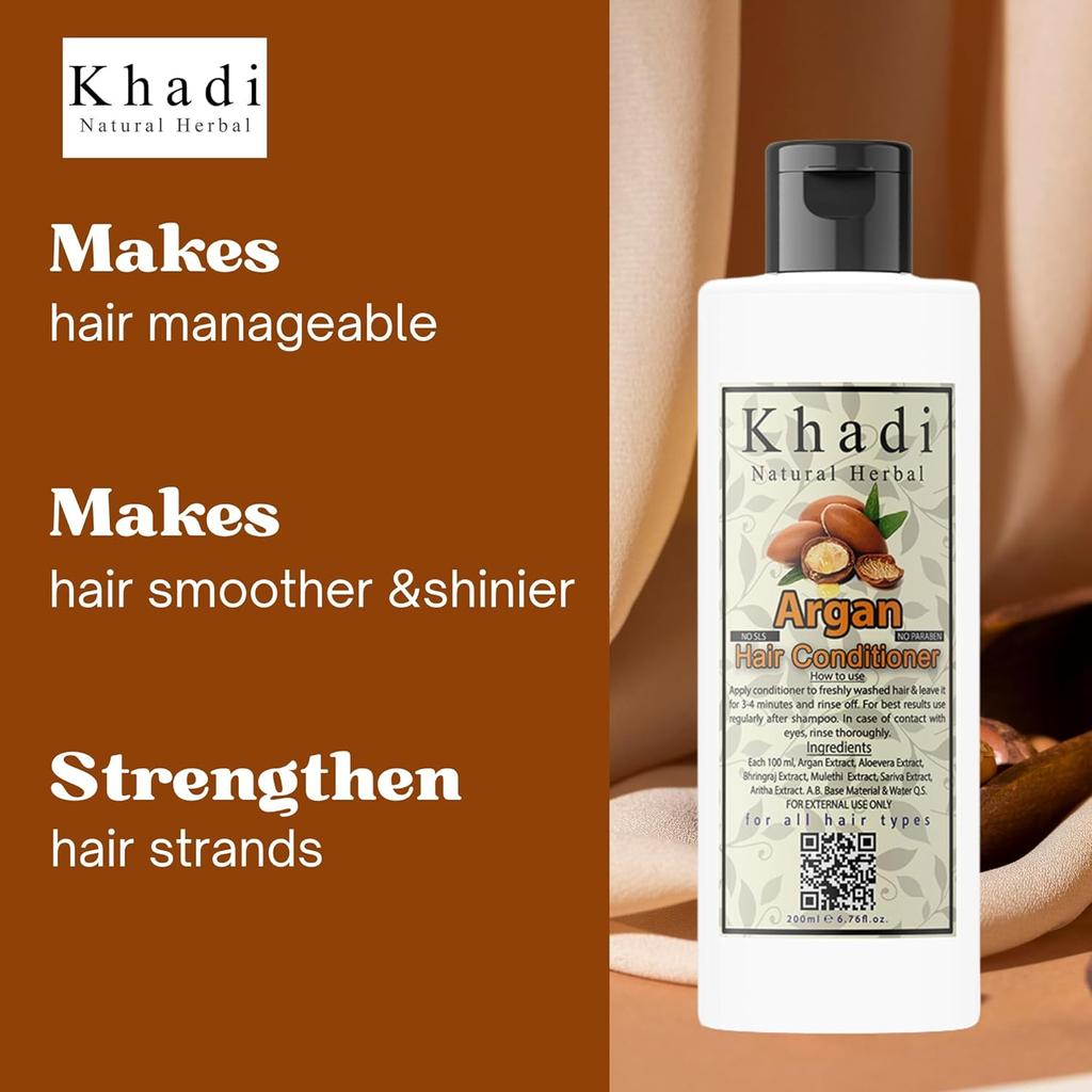 KHADI NATURAL Condicionador Herbal de Argan 200 ml Pacote Para Cabelos Secos e Frisados Cuidado Suave e Sedoso para os Cabelos