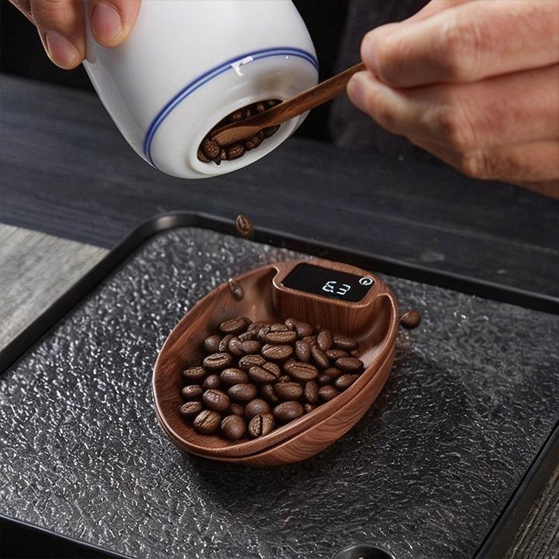 JUSTINLAU 0.1g High-precision Coffee Scale Electronic Coffee Weigh Scale with Bean Tray Walnut Wood Grain Mini Coffee Bean Scale