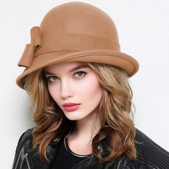 Ladies Wool Felt Bucket Hat Vintage Cloche Fedora Hat Female Bowler Hat with Bow Winter Wedding Church Jazz Cap