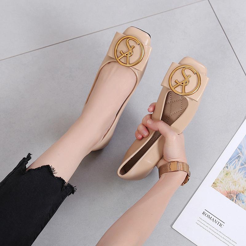 Fashion Spring Shallow Square Toe Flats Casual Shoes Women Metal Letters Slip Comfort Shoes Black for Lady Flat Shoes Largr Size 43 44