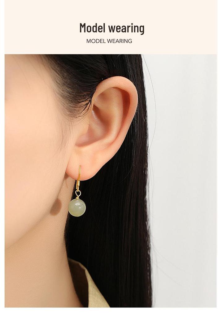 Tichiya Hetian Jade Round Bead Earrings for Women: S925 Sterling Silver, New Chinese Style, High-End Temperament Ear Hooks.