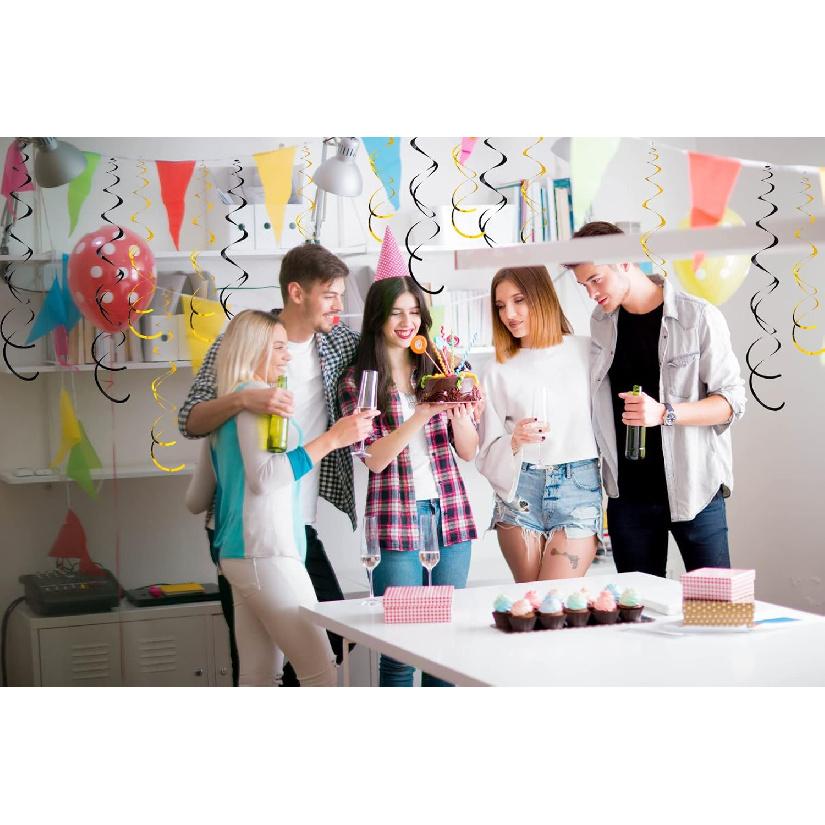 30Pc Gold and Black Party Party Swirl Decorations Foil Swirl Hanging Decoration Plastic Streamer for Ceiling 22 In