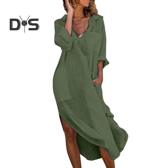 Women Summer Lapel V Neck Shirt Dress Solid Color Pockets Design Side Split Loose Fit Thin Midi Dress Beach Holiday Dress