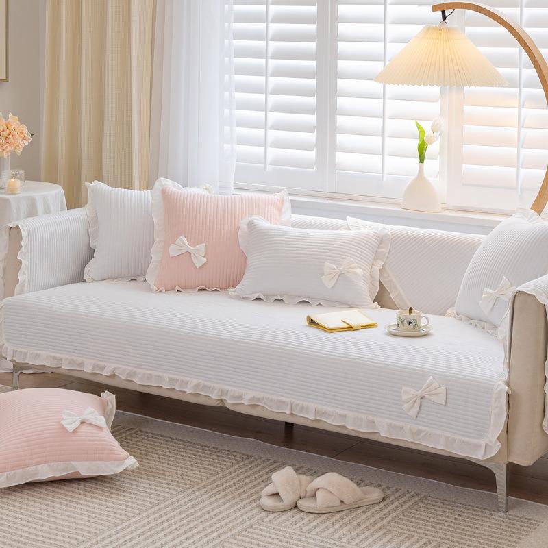 Universal Cotton Solid Color Sofa Cushion for All Seasons Korean Style Pastoral Fresh Ruffle Edge Non-slip Sofa Cushion Towel Full Cover