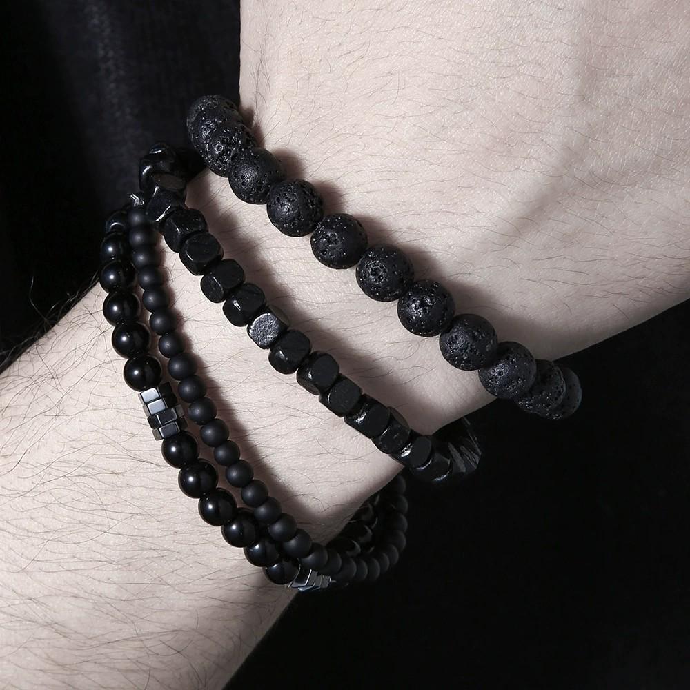 4Pcs/Set Black Gall Stone Volcanic Stone Wood Beads Multi-layer Men's Combination Elastic Bracelet For Couple Friends Jewelry