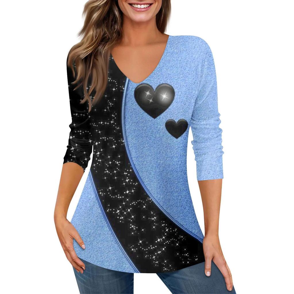 Spring and Summer V-neck 3D Printed Top Fashionable and Casual Long Sleeved Women's T-shirts