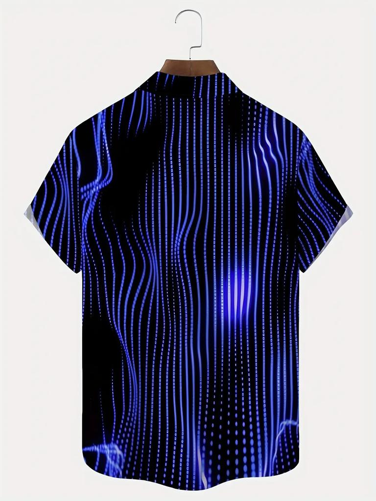 Blue Black Visual Stripe Men's Comfortable Short Sleeved Shirt| Trendy Brand Style Explosive Shirt