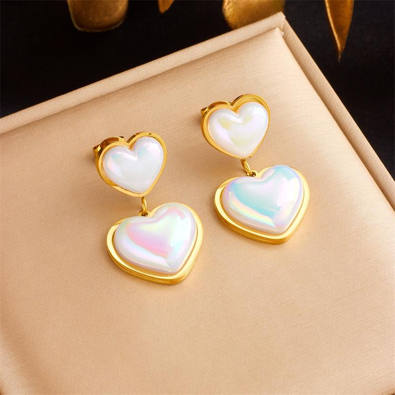 Gold Double Heart Drop Earrings with Iridescent Shell for Women