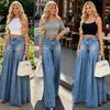 Jeans Acampanados Plisados de Cintura Alta para Mujer Pantalones Vaqueros de Pierna Ancha Lavados Ropa Urbana Pantalones Largos Maxi de Campana