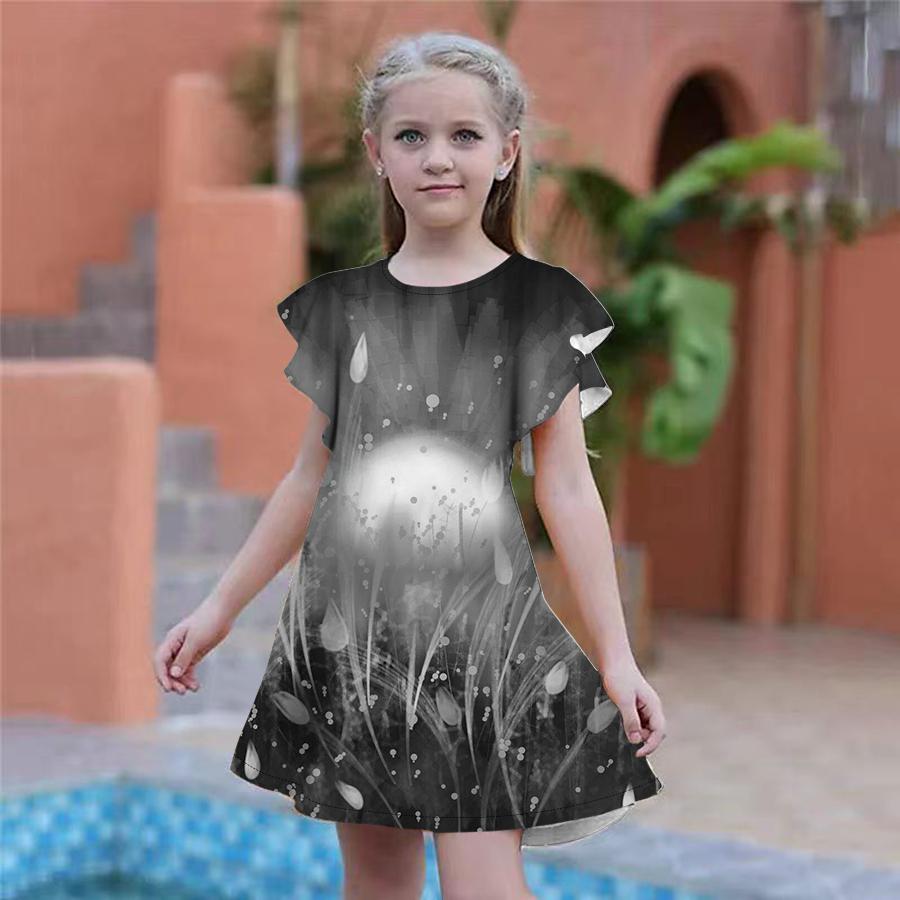 Girls Blue Lily Print Dresses Kids Girl Party Dress Loose Fitting Loose Fitting Short Sleeved Skirt For Girls Over Four Years Old