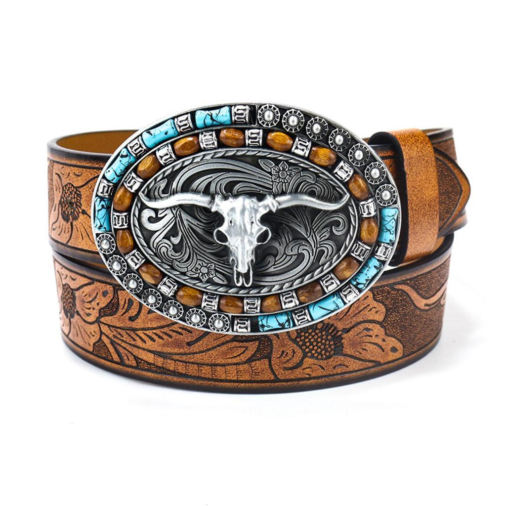 Vintage Western Belt Longhorn Bull Belt Buckle Belt Cowboy Belt With Big Buckle Jeans Belt Leather Belt Beaded Belt