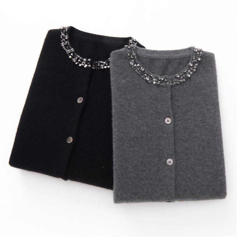 2026 Autumn/Winter Women's Beaded 100% Cashmere Round-Neck Versatile Cardigan Sweater