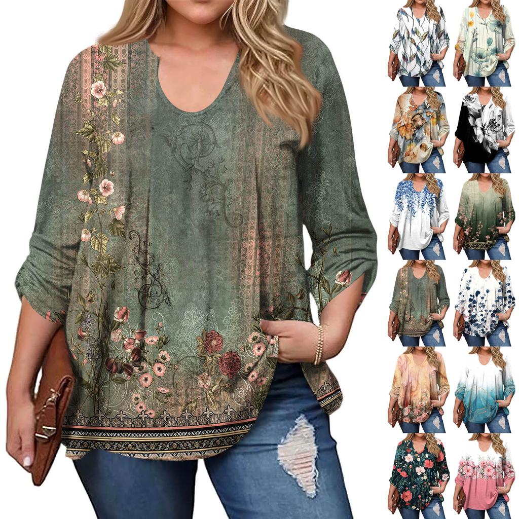 Women's Plus Size Fashion Printed Casual Pleated Round Neck Long Sleeve Top