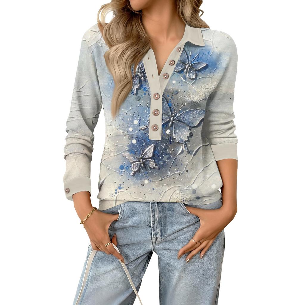 Women's Relaxed V,neck Long,sleeved Button,down Floral Pullover Top