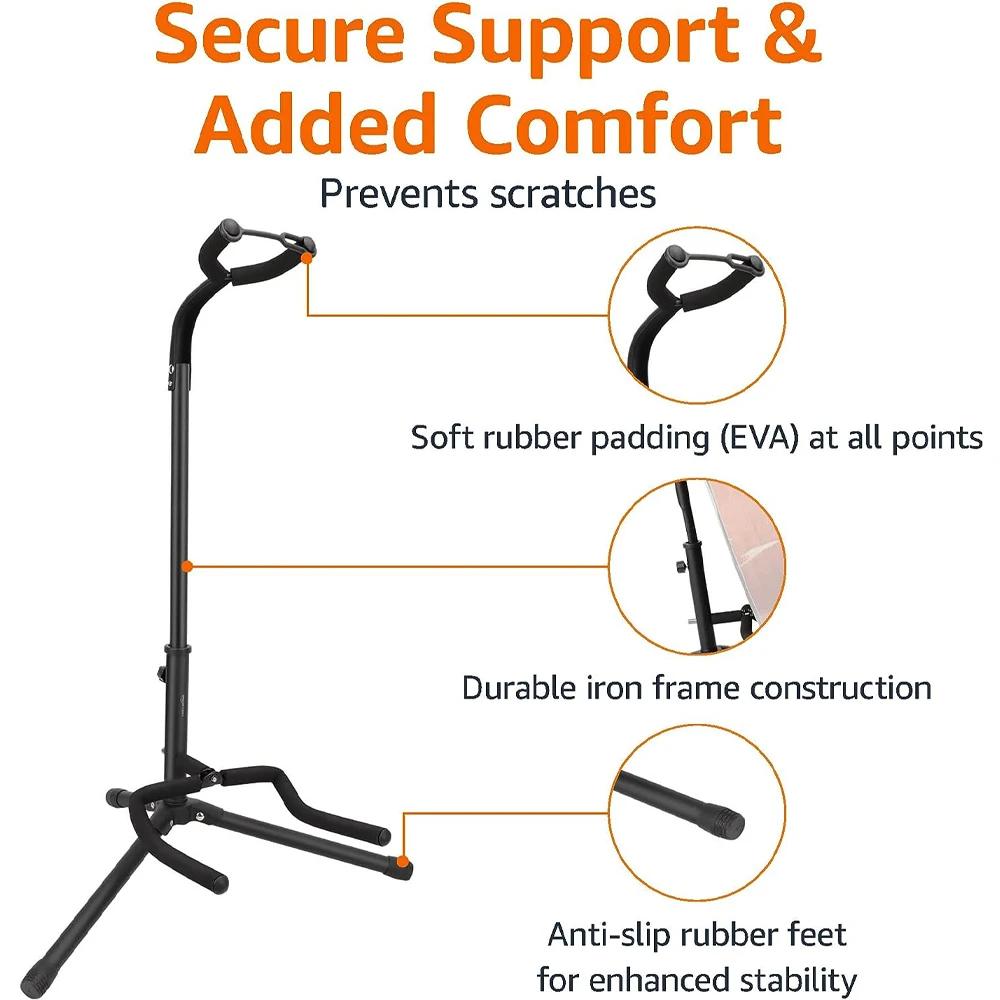 Portable Universal Guitar Stand - Collapsible Single Stand with Safety Lock for Travel - Compact Tripod Design