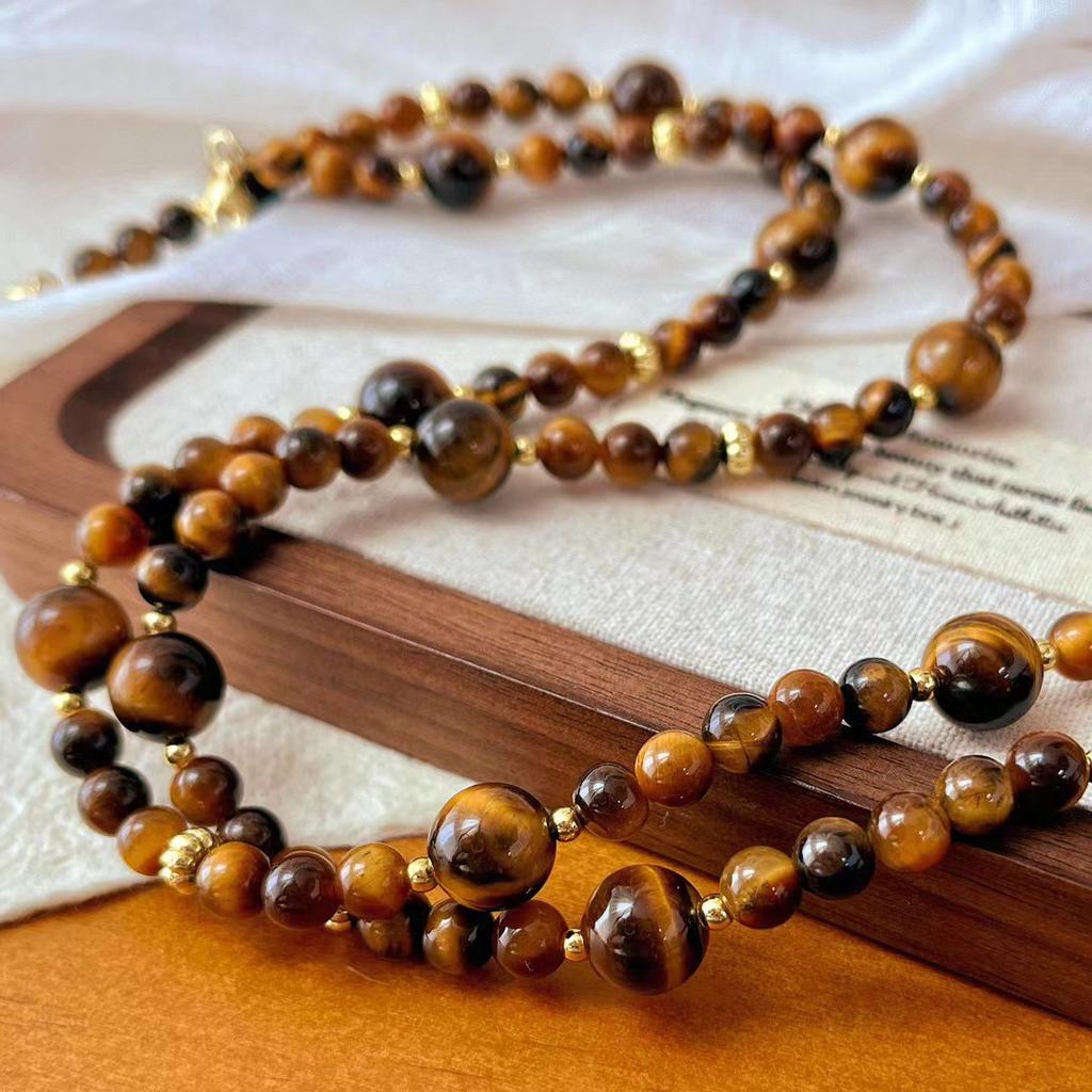 Vintage Maillard Style Natural High-Quality Tiger'S Eye Stone Gypsy Collarbone Chain Atmosphere Niche Necklace