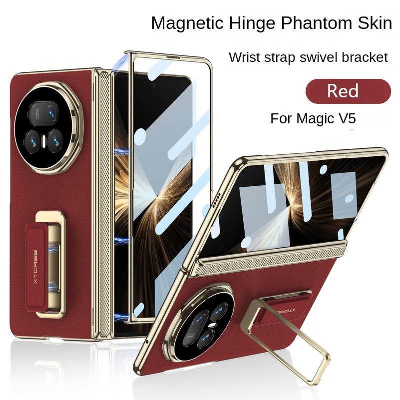 

Adjustable Wristband Holder Plated Gold Frame Leather Hinge Case for Honor Magic V5 with Glass Film Lens Protect Cover HONOR Magic V5