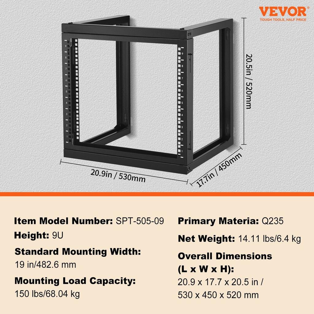 9U Wall Mount Rack 150 lbs/68.04 kg Open Frame Server Network Rack Black