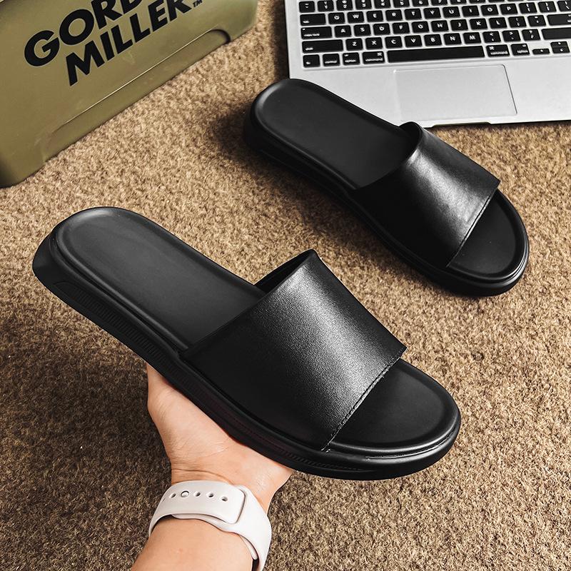 

Мужские летние тапочки из коровьей кожи, шлепанцы из натуральной кожи, высококлассные, модные, мужские повседневные нескользящие тапочки 1400-F 44 чёрный