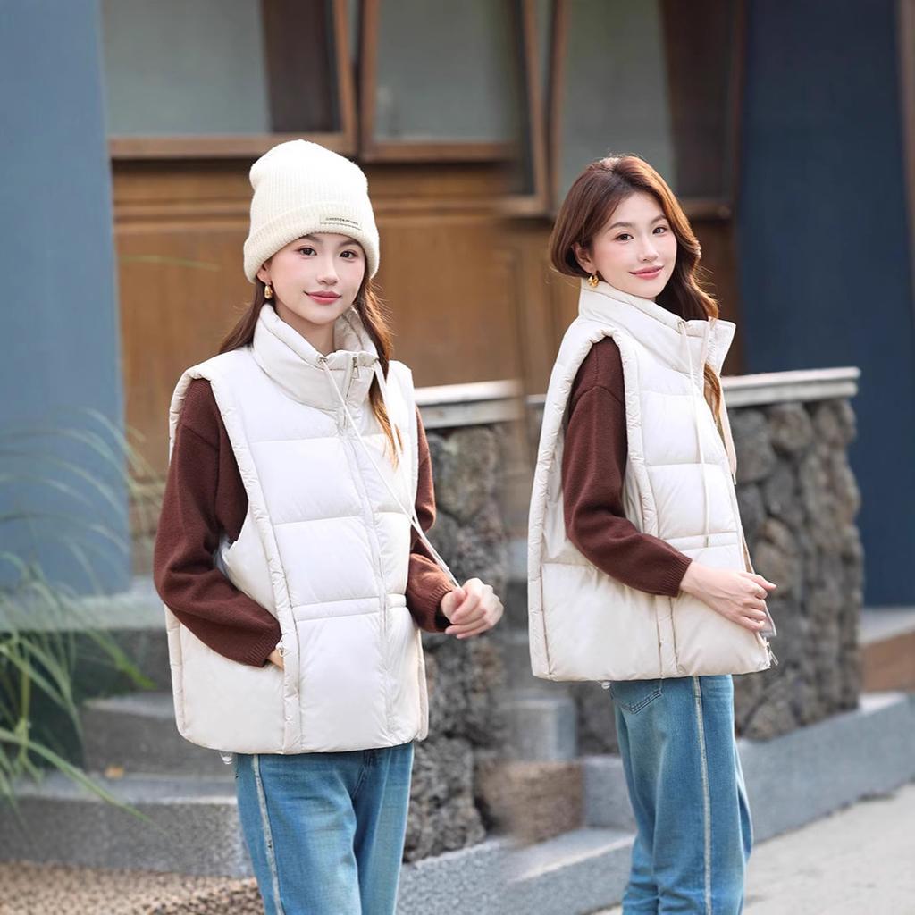 Down Cotton Vest Women's Short Stand-up Collar Winter New Vest Drawstring Cotton Vest Outer Wear Vest Thick