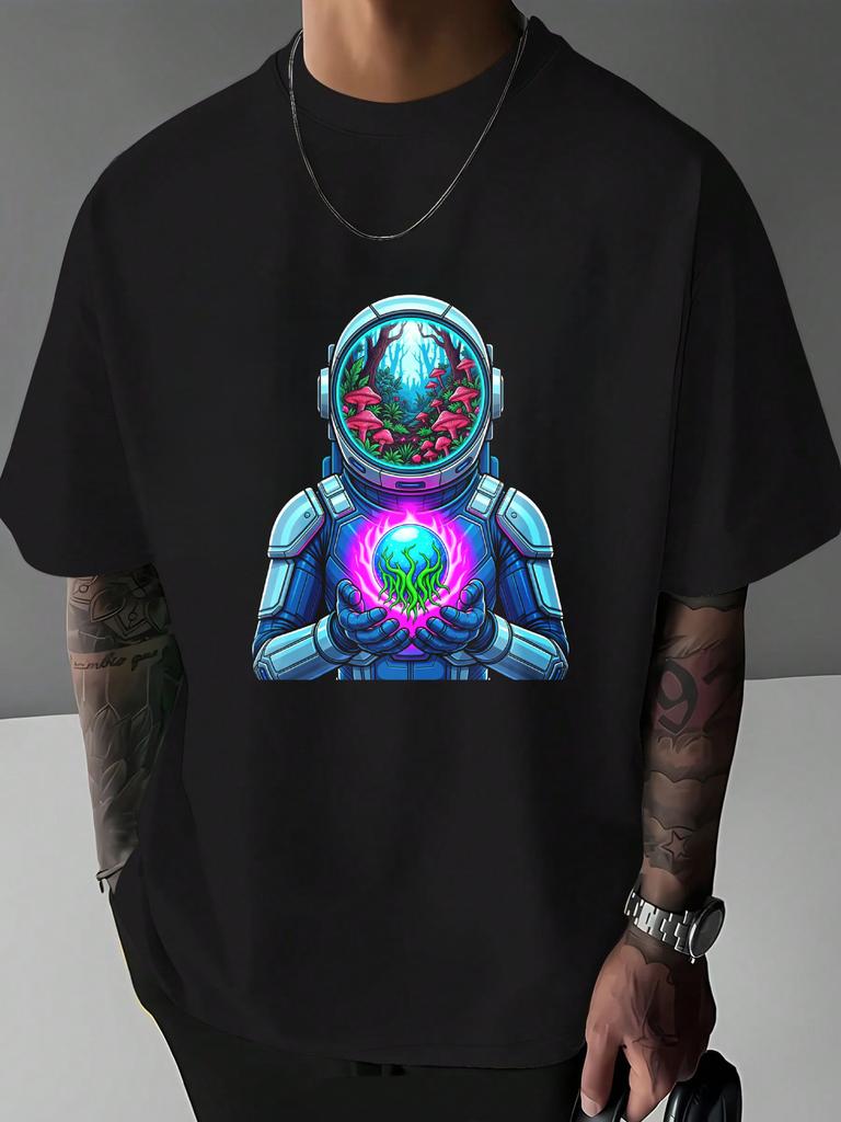Unisexs Astronaut Mushroom Forest Graphic T Shirt Psychedelic Surreal Art Print Short Sleeve Crew Neck Casual Cotton Male Daily Tee