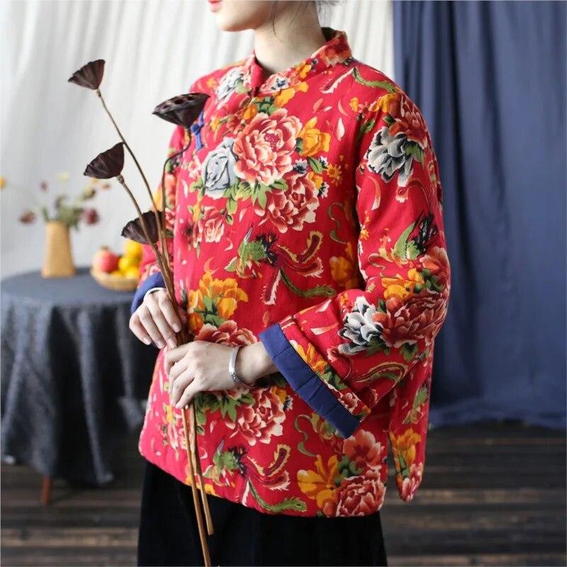 Johnature Women Vintage Print Floral Parkas Plus Chinese Style Coats Button Long Sleeve Stand Clothes Spring Parkas