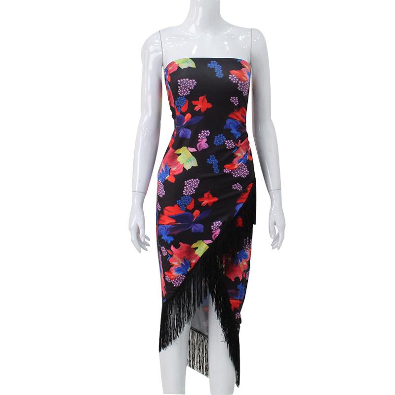 

Women s summer hot sale sexy tube top dress printed fringed edge holiday wind beach dress medium and long dress S