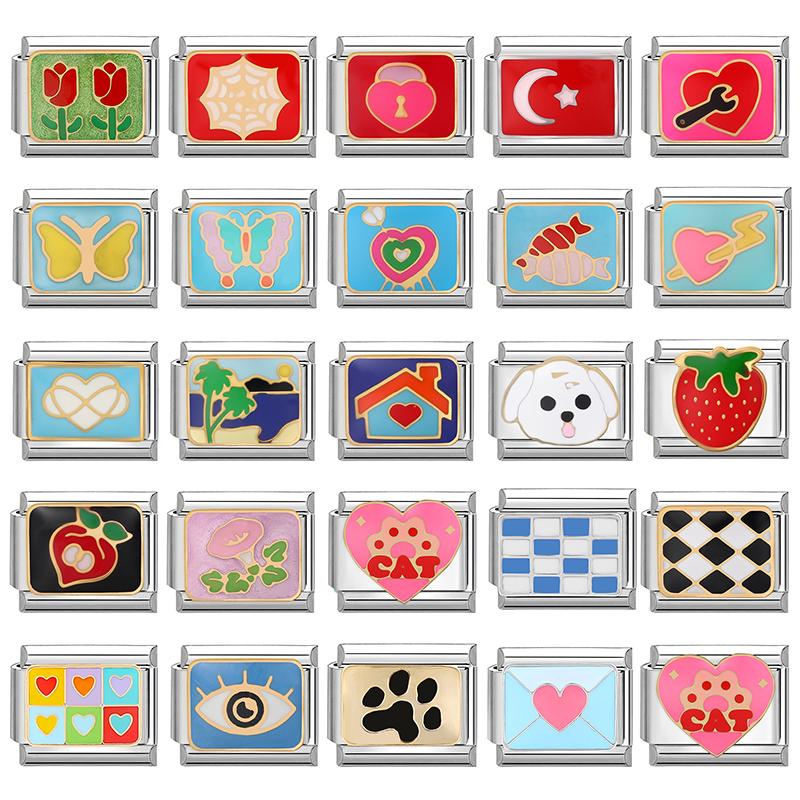 Vintage Butterfly Dog Cat Paw Strawberry Eyes Heart Italian Charm Links Fit 9mm Stainless Steel Bracelet Women DIY Making Gift