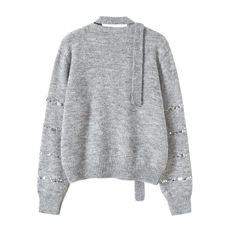 Women's V-Neck Wool Blend Striped Sequin Knit Cardigan