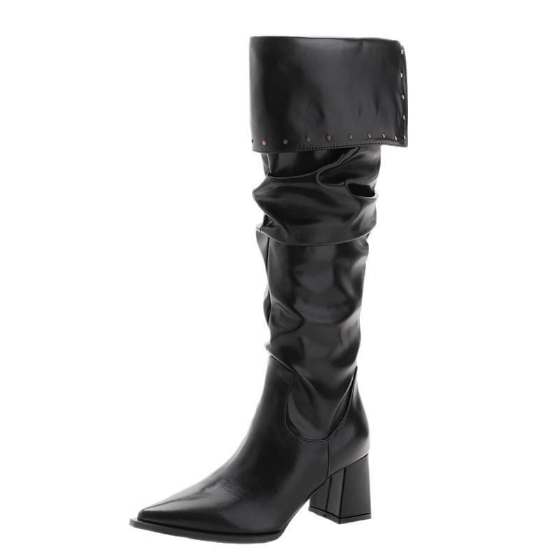 Long boots women s new popular flip over knee pointed high heel pile boots women s black long boots 34 чёрный