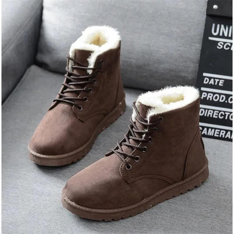 2025 Women Winter Snow Boots Warm Flat Plus Size Platform Lace Up Ladies Women's Shoes New Flock Fur Suede Ankle Boots 35-43