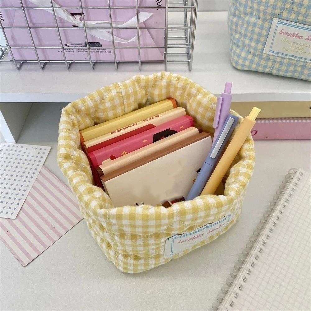 Plaid Stripe Grid Fabric Storage Basket Washable Desk Organize  Kitchen Supplies