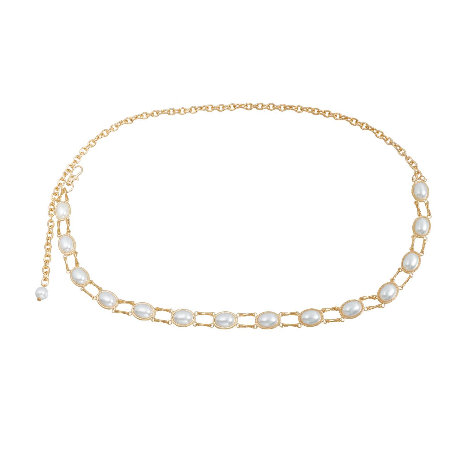 

Metal geometric oval inlaid pearl waist chain ins casual style personality exaggerated belt золотой