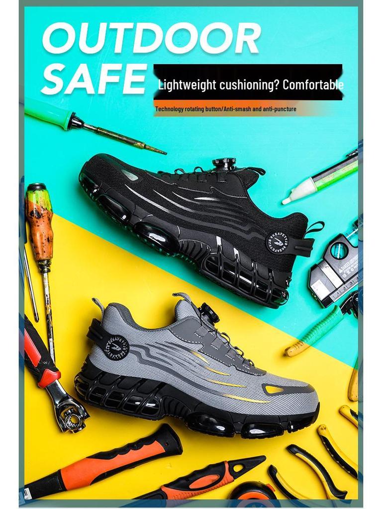 Men's Fly-Knit Safety Shoes: Anti-Smash, Anti-Puncture, Breathable, Lightweight, Comfortable, Wear-Resistant with Soft Sole and Button Closure.