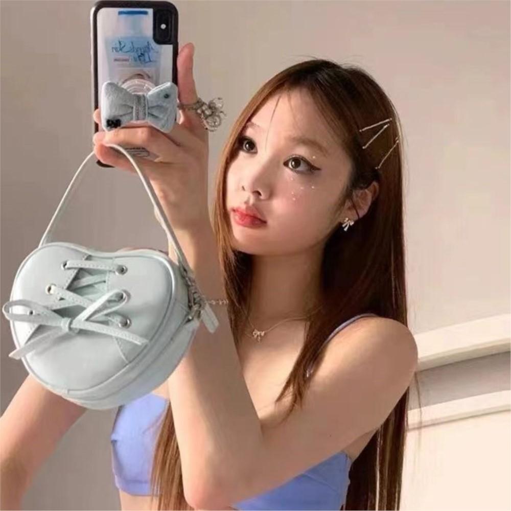 Sweet Cool Bow Heart Mini Bag Purse Women Harajuku Handle Heart Y2k Hand Bag Female Fairy Core Aesthetic Blue Messenger Bags New