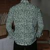 Men Collared Shirt Dark Blue Light Leaf Floral Silhouette Print Long Sleeve Button Down Top