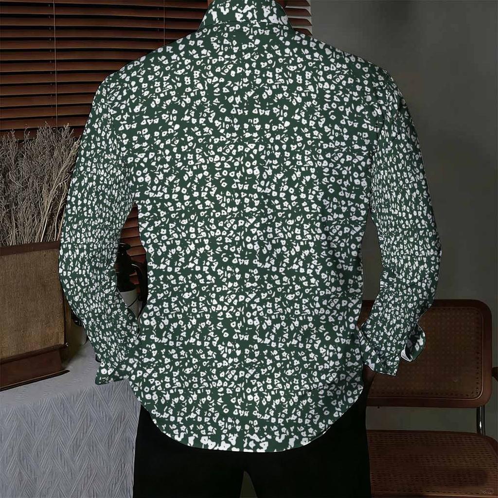Men Collared Shirt Dark Blue Light Leaf Floral Silhouette Print Long Sleeve Button Down Top