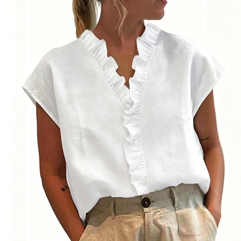 Women's Summer Solid Color V-Neck Lace Short Sleeve Top Fashion Casual T-Shirt 2026 New