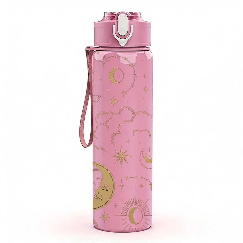 1PC Moon Star Boho Celestial Pattern Print 750ml Color Plastic Sports Water Bottle Leakproof Flip Straw Lid Suitable for Sports Office Home Use