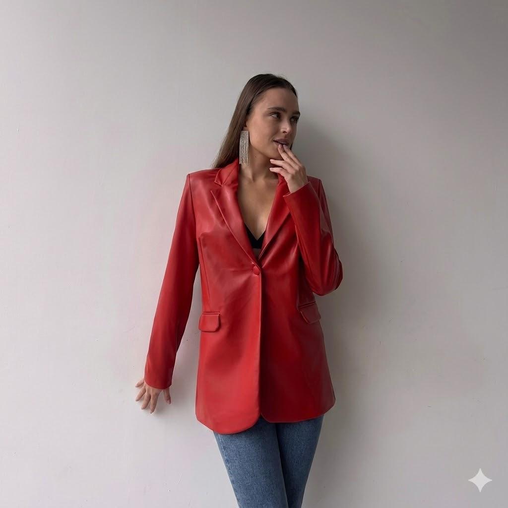 

Classic Button Stylish Party Blazer Leather Red Real Genuine Handmade Lambskin Women 3XL червоний