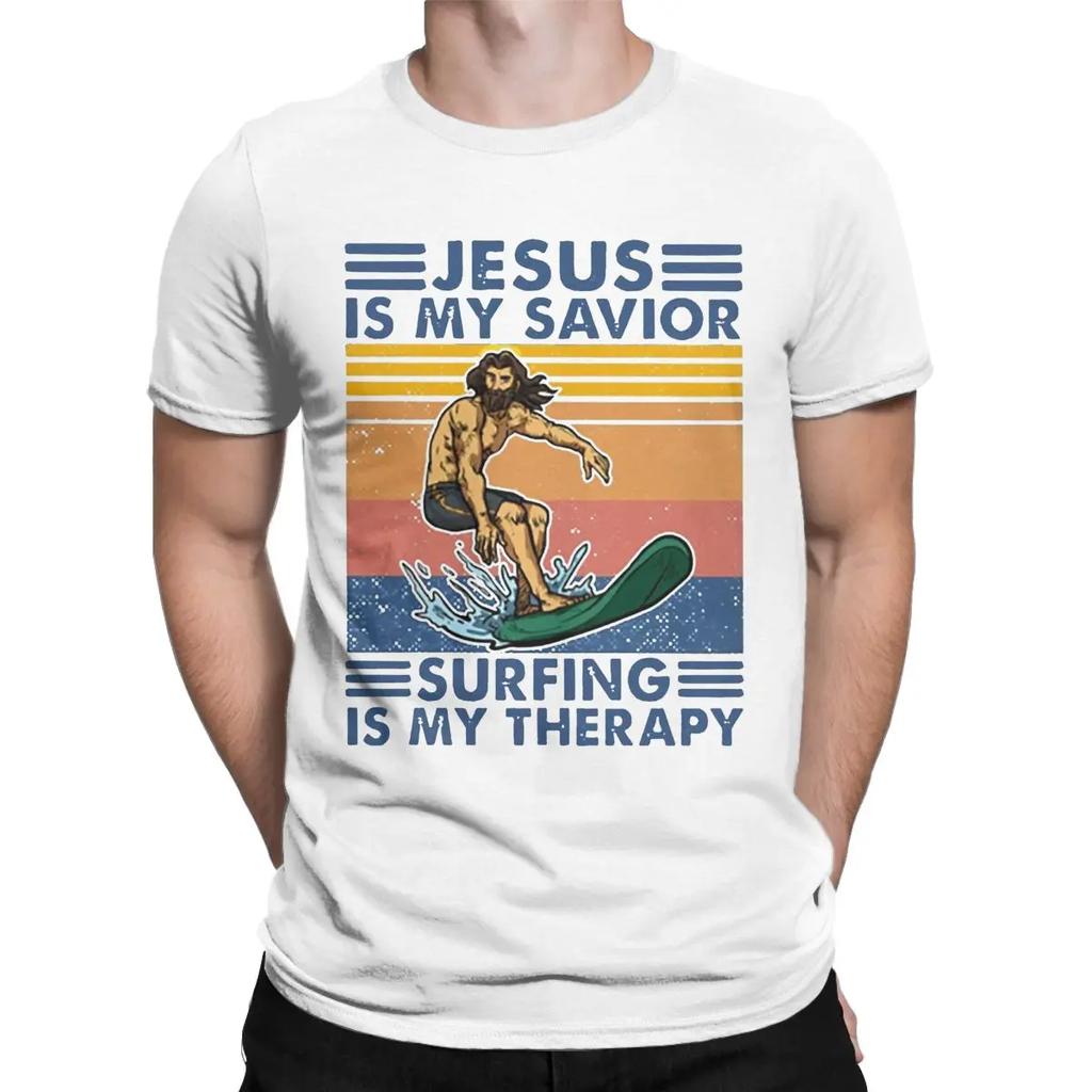 Jesus Is My Savior Surfing Is My Therapy T-Shirt Men Leisure Cotton Tees Crewneck Short Sleeve T Shirt Gift Tops