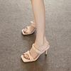 High heels women's summer new square head thin heel pink one-word strap sandals open-toed versatile outer slippers