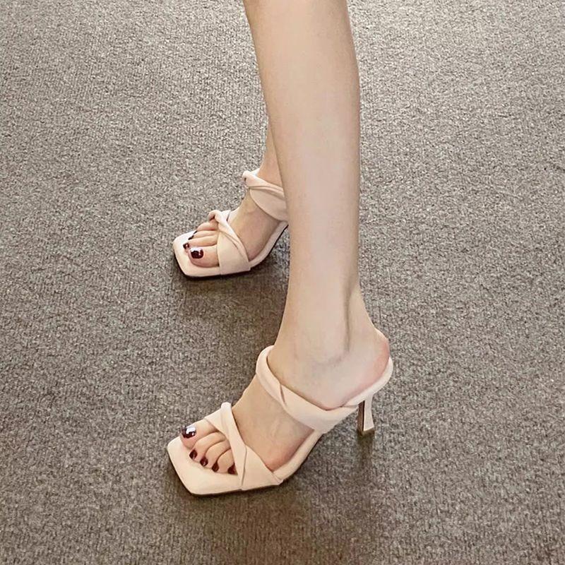 High heels women's summer new square head thin heel pink one-word strap sandals open-toed versatile outer slippers