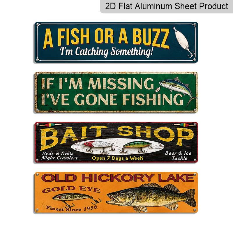 2D Flat 4Pair/Set Rustic Fishing Quote Aluminium Decorative Sign, Bass Fish Fishing Lure Vintage Aluminum Wall Plaque, Farmhouse Cabin Man Cave